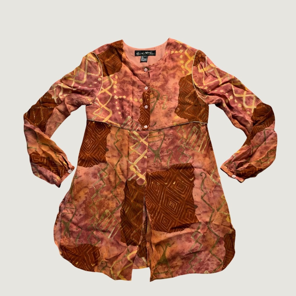 Citi by Yansi Fugel Tunic Small Silk Abstract Print Slit Sheer Boho Orange 90s